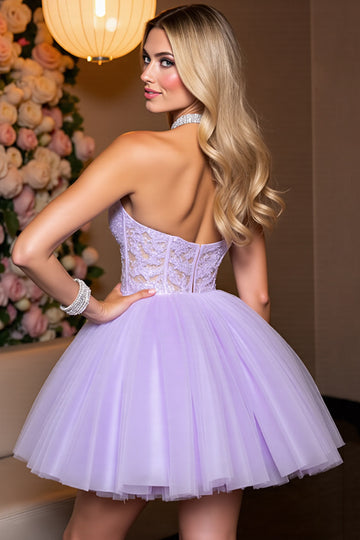 Halter A Line Lilac Appliqued Homecoming Dress